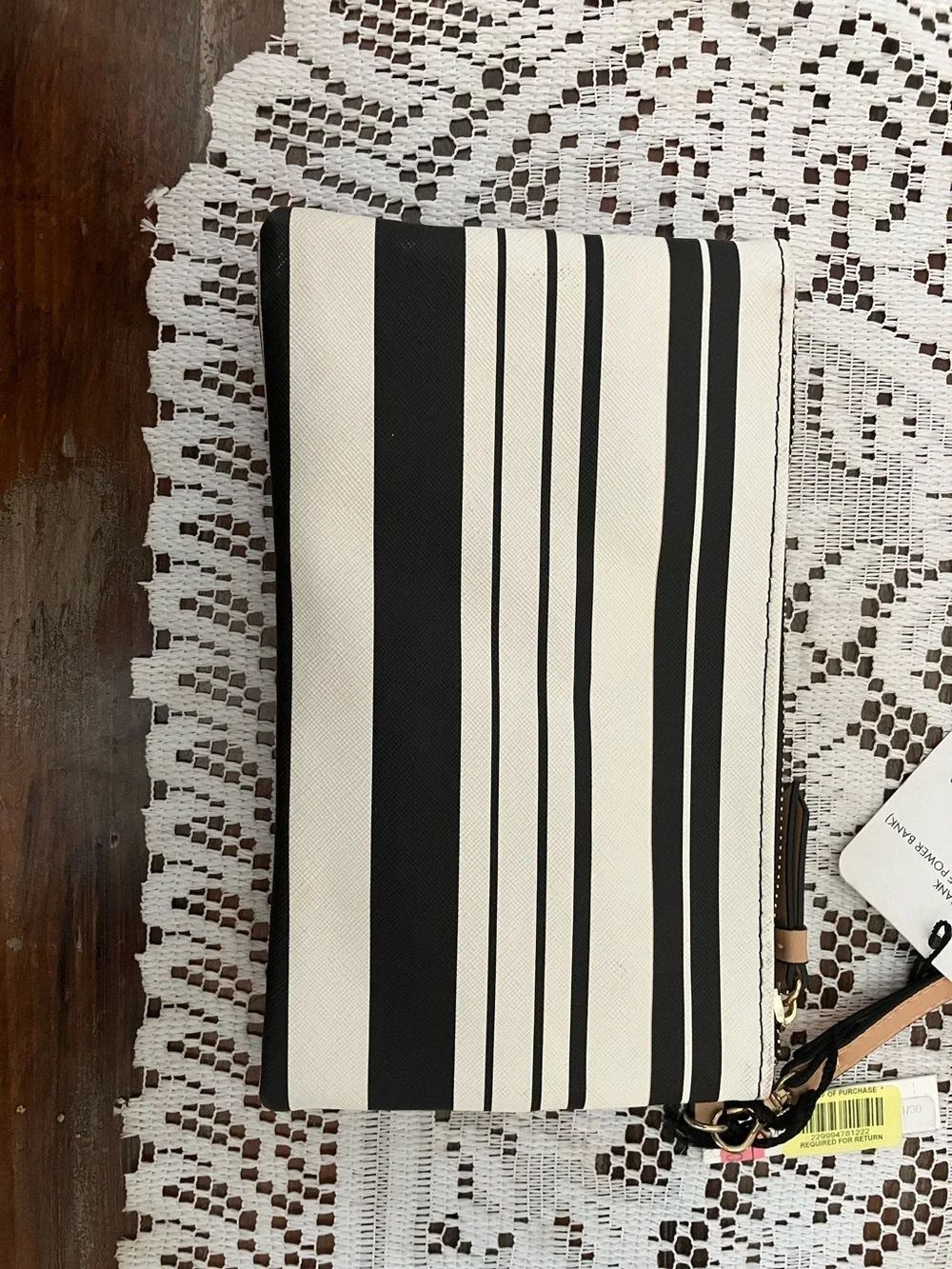 Kate Landry Black and White Striped Wristlet with Gold Accents